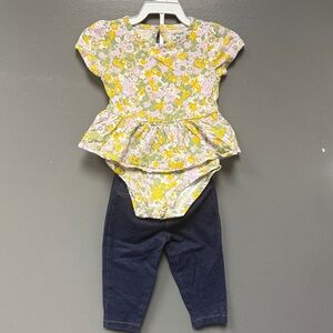Carter's Yellow & Lavender Floral Peplum Bodysuit with Navy Leggings